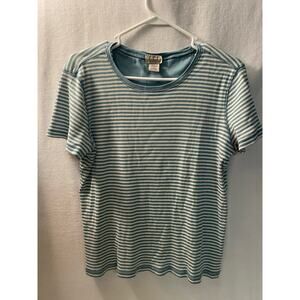 L.L. Bean women’s short sleeve top size L 100% cotton blue white stripes vintage